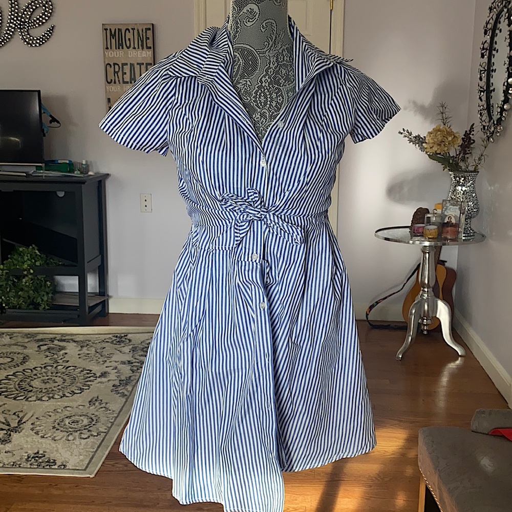 BLUE AND WHITW STRIPED BUTTON DOWN DRESS